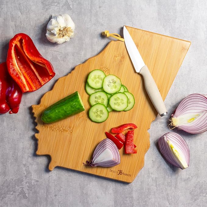 Totally Bamboo Georgia State Shaped Cutting Board, Art by Fish Kiss | State charcuterie board with colorful hand-drawn map artwork. Smooth reverse side for food prep. Hang tie for wall display.