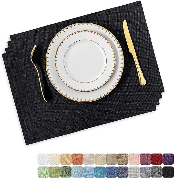 Home Brilliant Black Placemats Set of 4 Heat Resistant Table Mats Cloth Dining Table Place Mats Kitchen Washable Placemat New Year, Black