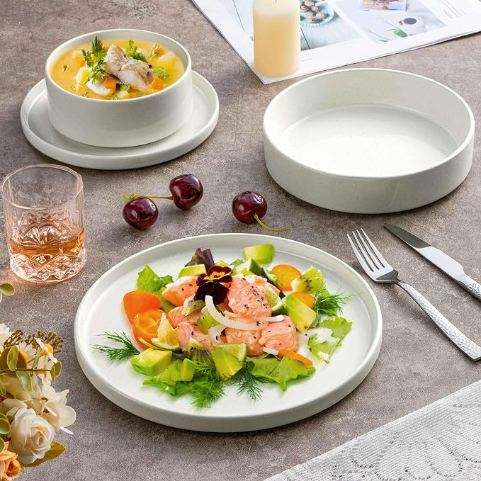 Herogo Dinnerware Sets with Pasta Bowls, 16 Piece Plates and Bowls Set for 4, Stoneware Dinner Dishes for Kitchen Dining, Dishwasher & Microwave Safe, Speckled White