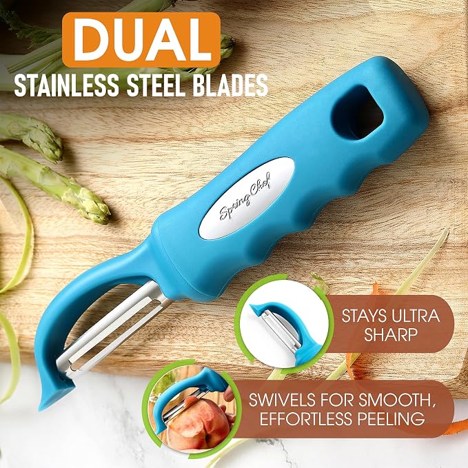 Spring Chef Swivel Vegetable Peeler with Soft Grip Handle, Set of 2, Teal | Premium Potato Peeler w/ Ultra Sharp Stainless Steel Blades, Multifunctional Veggie Peeler for Apple, Carrot, Cucumber, Fruit