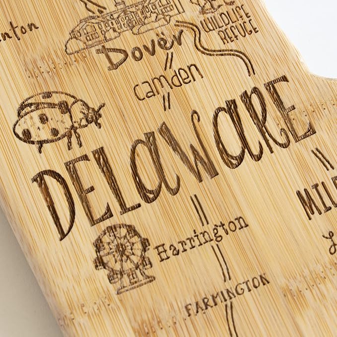 Totally Bamboo Destination Delaware State Shaped Cutting Board | State charcuterie serving board with engraved map artwork. Smooth reverse side for food prep. Hang tie for wall display.