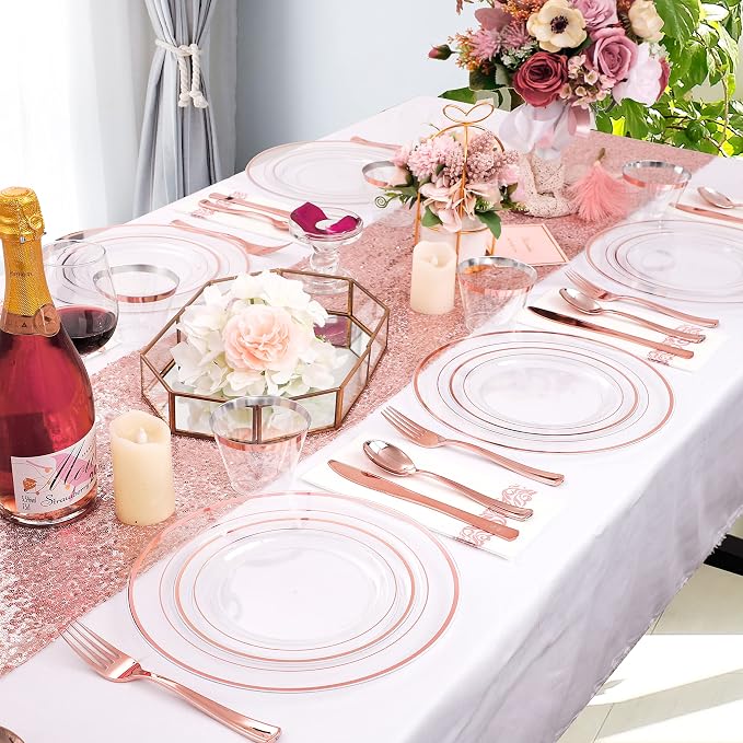 DaYammi 350Pcs Rose Gold Dinnerware Set Include: 50 Dinner Plates 10.25’’,50 Dessert Plates 7.5’’,50 Rose Gold Cutlery,50 Disposable Cups 9 OZ with 50 Napkins for Party