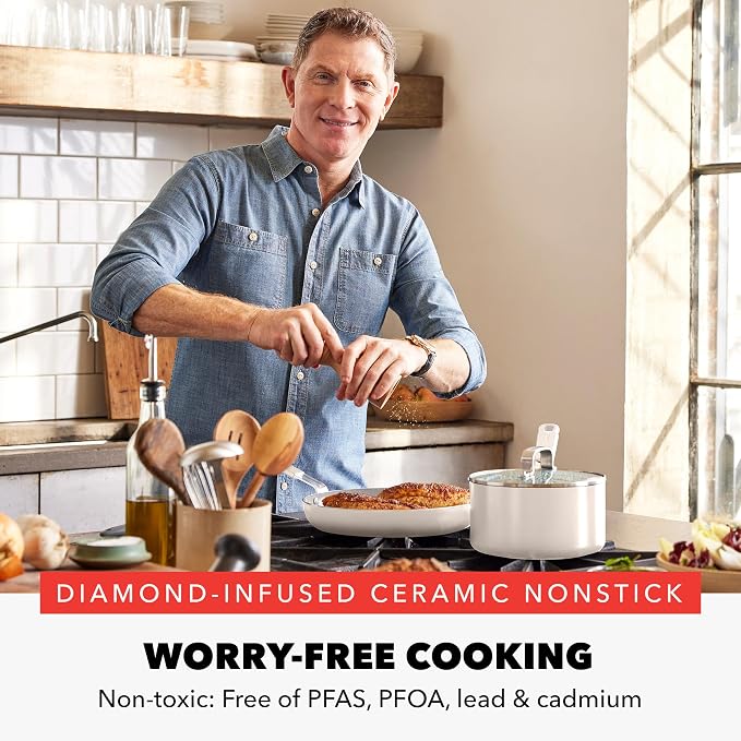 GreenPan x Bobby Flay 2.5QT Ceramic Nonstick Saucepan with Glass Lid, Cream | PFAS-Free Diamond Ceramic Nonstick Chef Pan, Silicone Handle, Induction & All Stovetop Compatible, Dishwasher and Oven Safe