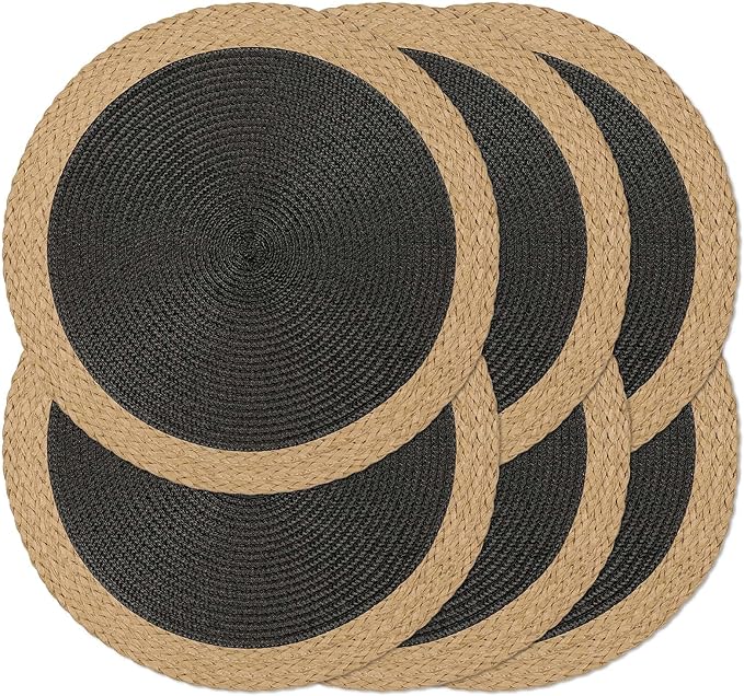 Round Placemats Set of 6, Woven Table Mats, Wide Edge, Black | Braided Paper Edge, 15 Inch Diameter, Fits Dinner Plate and Flatware, Wipeable, Heat Resistant, Indoor Dining, Outdoor Patio