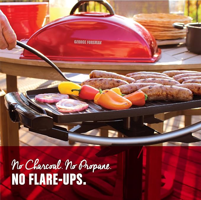 George Foreman Indoor/Outdoor Electric Grill with Stand | Indoor or outdoor electric grill with nonstick surface, 5 heat settings and fat-removing drip tray for healthier grilling.