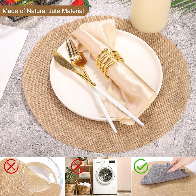 Aneco 100 Pieces Round Burlap Placemats 13.78 Inch Reusable Brown Table Mats Heat Resistant Natural Jute Fibers Placemats Burlap Circle Rustic Table Decorations for Dinner Holiday Farmhouse Decor