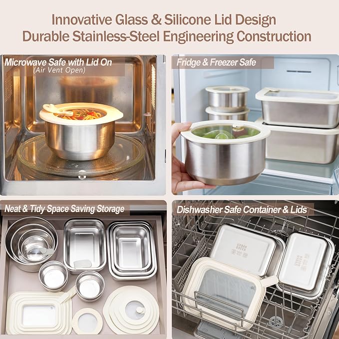 Stainless Steel Food Containers with Glass Lid, Airtight Leakproof Stainless Steel Storage Containers in set of 3, Rectangle Shape, Microwave Safe Food Storage Container Set, 100% Plastic Free