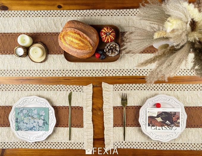 Boho Placemats Set of 6 Table Mats Farmhouse Dining Decor Caramel | 12x20" Place Mat Set of 4 Macrame Table Decor Farmhouse Burlap Placemats for Home Dining Table Centerpiece Home Decorations