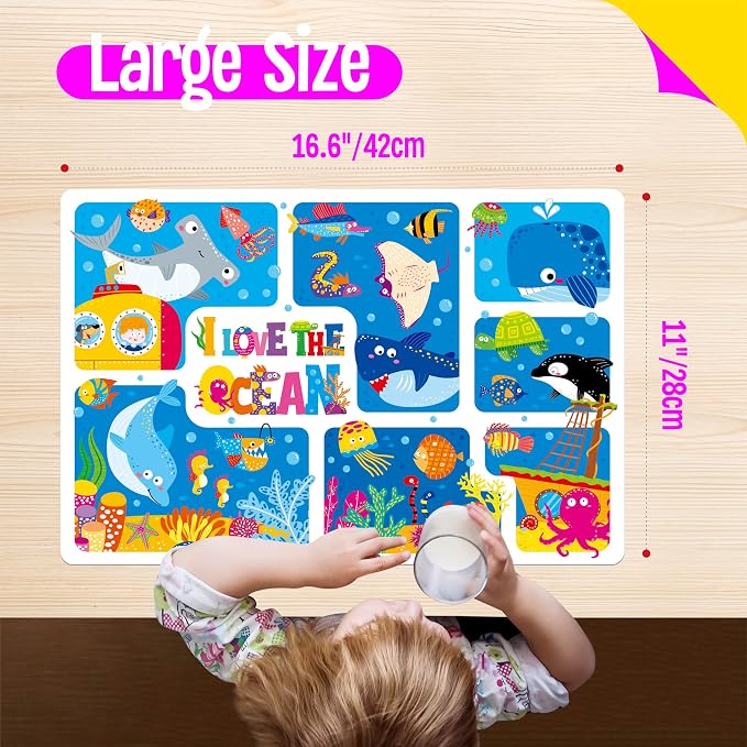 6 Pack Placemats for Kids, Non-Slip Washable, Reusable Animals, Alphabet, Dinosaur, Universe, Ocean Themed Educational Placemats for Home, Kindergarten, Classroom, Nursery