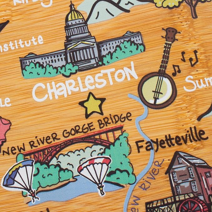 Totally Bamboo West Virginia State Shaped Cutting Board, Art by Fish Kiss | State charcuterie board with colorful hand-drawn map artwork. Smooth reverse side for food prep. Hang tie for wall display.