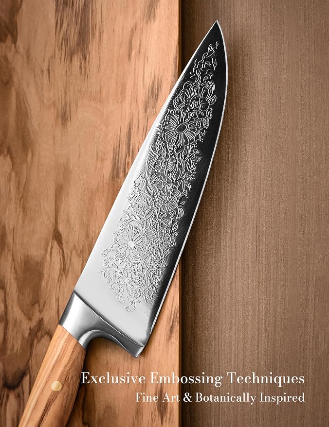 Chef Kitchen Knife 8", Embossed Botanical Blade, Olive Wood Handle | Created in collaboration with a German designer. Includes leather sheath and gift box for elegant presentation