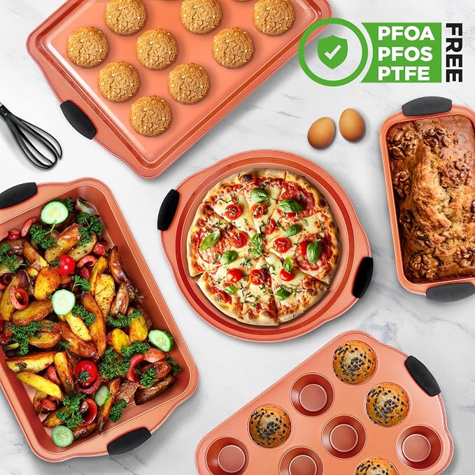NutriChef 10 Pc Baking Pans Set Nonstick, Cookie Sheet and Pizza Pans | 10 piece set, carbon steel, includes cookie sheets, nonstick, stackable, silicone handles, warp resistant, roasting