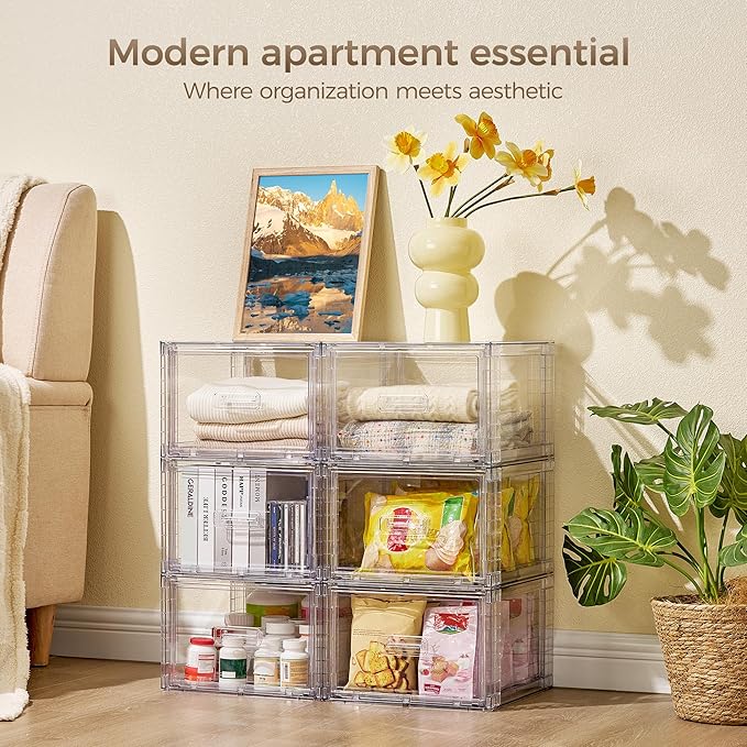 Vtopmart 6 Pack Clear Stackable Storage Bins 15QT | Easily Assemble Bathroom Organizers,Plastic Storage Bins for Kitchen Pantry,Under Sink Organization(Medium)