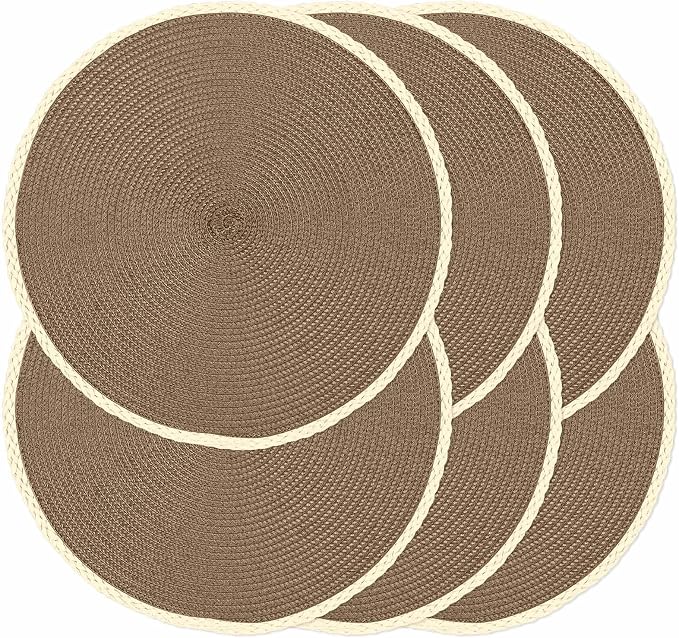 Round Placemats Set of 6, Woven Table Mats, Thin Edge, Coffee Brown | Braided Paper Edge, 15 Inch Diameter, Fits Dinner Plate and Flatware, Wipeable, Heat Resistant, Indoor Dining, Outdoor Patio