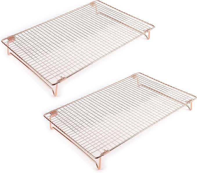 Kingrol 2 Pack Stainless Steel Cooling Racks with Collapsible Folding Legs, Stackable Grid Wire Racks for Cooking and Baking, Copper-Tone
