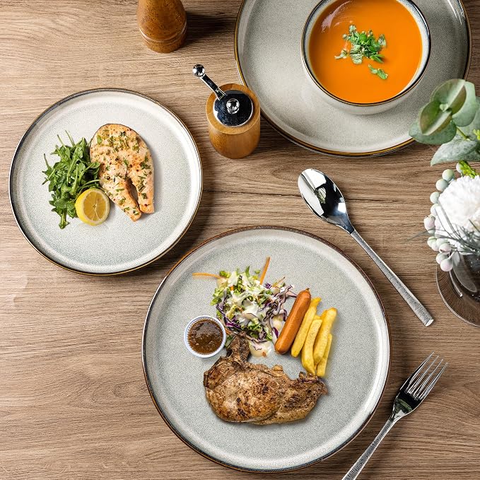 GBHOME Dinnerware Sets for 4, 12 Pieces Ceramic Plates and Bowls Set | Scratch Resistant Stoneware Dishes Set, Dishwasher & Microwave Safe, Reactive Glaze-Green Wheat