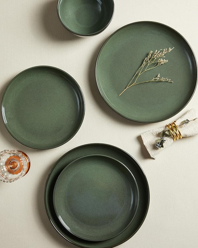 Stoneware Dinnerware Sets for 6, 18 Piece Microwave Safe Plate and Bowl Set, Easy to Clean & Durable Dishes Sets for Small to Medium Families, Forest Green