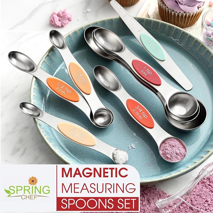 Spring Chef Stainless Steel 8 Magnetic Measuring Spoons Set, Desert Sunset | Dual Sided Metal Teaspoon & Tablespoon Measuring Spoons with Leveler for Dry & Liquid Ingredients, Fits in Kitchen Spice Jars