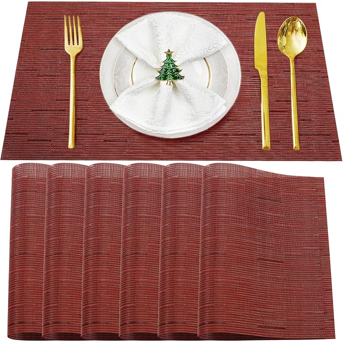 Red Vinyl Placemats Set of 6,Washable Dining PVC Table Mats | Heat resistant, stain resistant non slip vinyl place mats, washable red table placemats for dining table