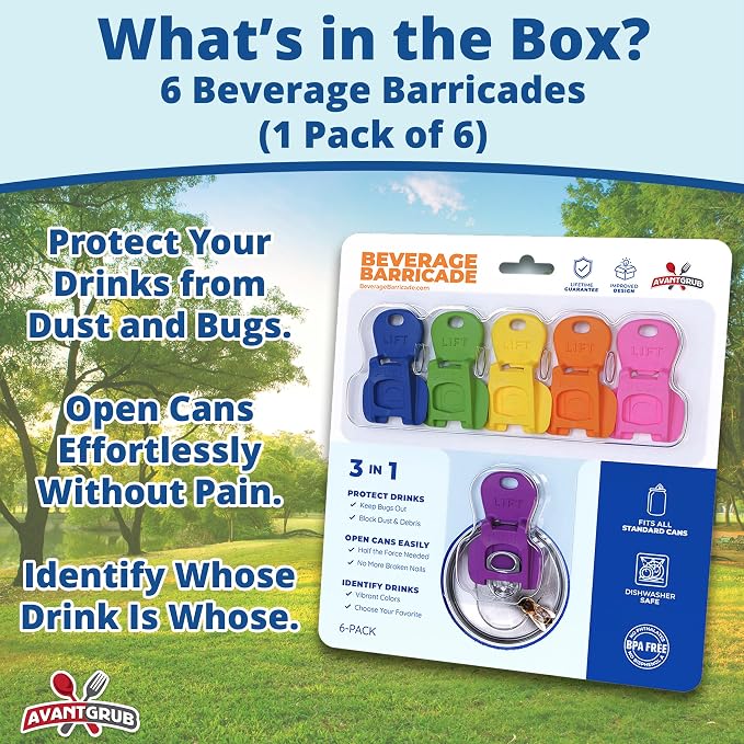 Complete Cover Easy Tab Opener New and Improved 6PK Beverage Barricade 2.0 by Avant Grub. Colorful Drink Can Protector Cap for Soda, Beer, Coke Shields From Bugs, Bees, Dust at the Party, BBQ, Beach