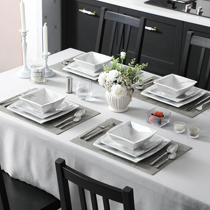 MALACASA Plates and Bowls Sets, 12-Piece Porcelain Dinnerware Sets for 4, Square Plates and Bowls for Dessert, Salad and Soup, Ceramic Dishes Dining Dishware Set, Marble Grey, Series Blance | Complete with Plates, Bowls, Cups, Saucers, Microwave Oven a...