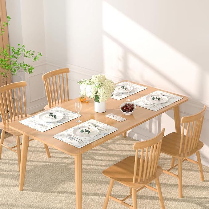 QIYI PU Leather Placemats Set of 6, 12"x18" Waterproof Table Mats, Floral | Faux Leather, Heat Resistant, Anti Slip, Wipeable Place Mats for Kitchen Dinning, Party Table Décor, Minimal Flowers
