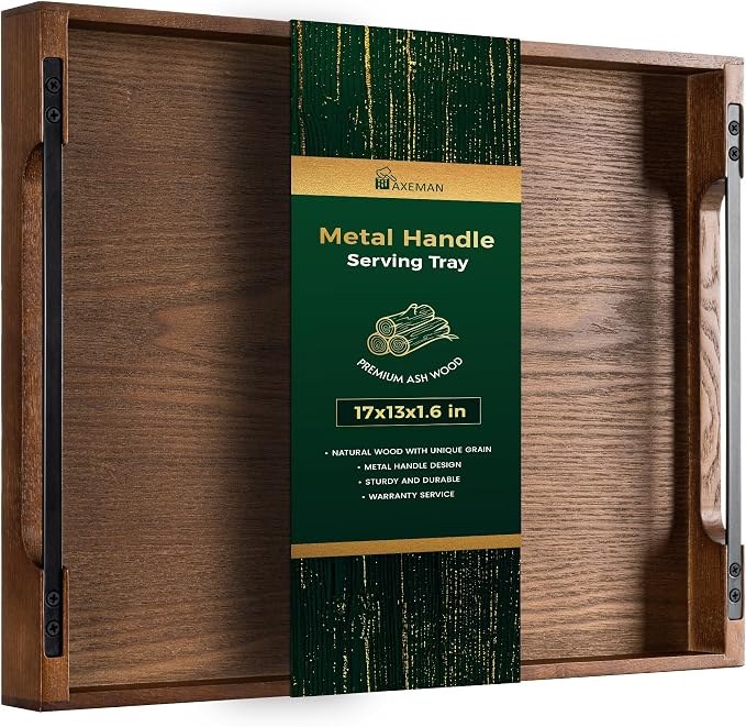 Wooden Serving Tray with Metal Handles|Ottoman Tray for Breakfast, Bed, Couch|17x13in Ash Wood Coffee Table Trays|Food Drinks Decorative Storage Boards for Ottoman Kitchen, Walnut