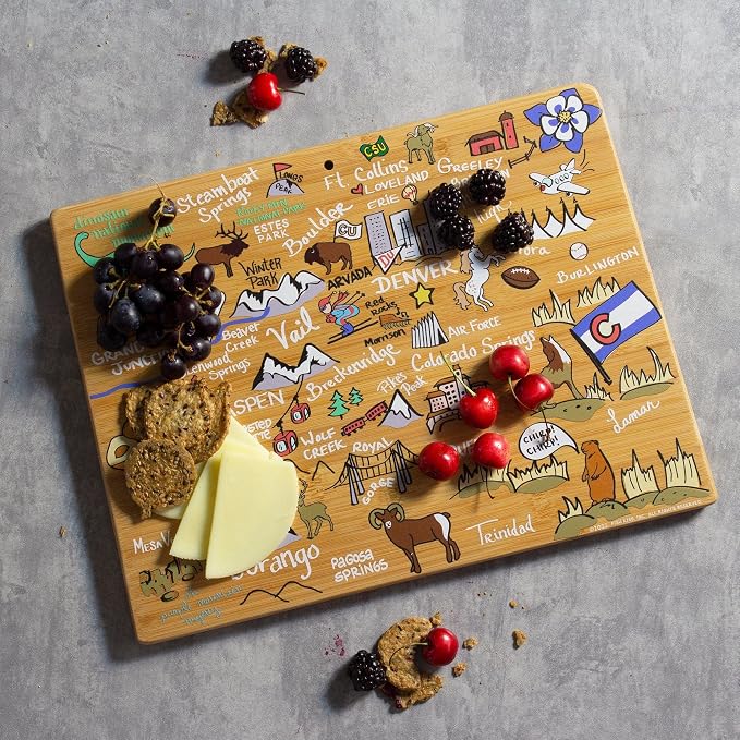 Totally Bamboo Colorado State Shaped Cutting Board, Art by Fish Kiss | State charcuterie board with colorful hand-drawn map artwork. Smooth reverse side for food prep. Hang tie for wall display.
