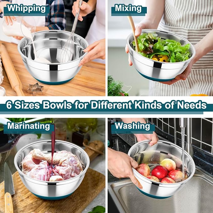 TeamFar Mixing Bowls, Stainless Steel Salad Bowl with Lid & Graters -Blue | 6 PCS for Kitchen Baking Serving Prepping, Container for Dough Veggie Fruit, Non-Slip & Nesting, 4.6 /3.5 /2 /1.5 /1 /0.7 QT