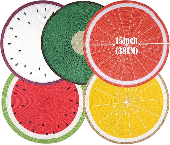 Zupro Round Placemats Set of 6,15inch Fruit Embroidered Table Mats Heat Resistant Non-Slip Washable,for Kitchen Dining Tables Four Seasons Dinner Parties Thanksgiving and Everyday Use.Kiwifruit Green