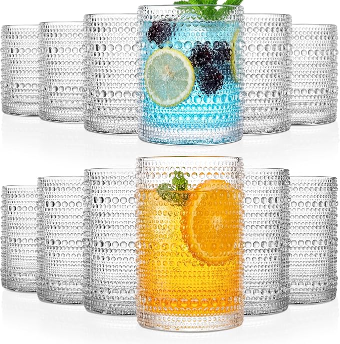 KMIGRUAN Hobnail Drinking Glasses Set of 12, 15Oz & 12Oz Cocktail Glasses | Clear Vintage Highball Glasses, Embossed Beaded Water Tumbler for Juice and Various Mixed Drinks, Kitchen Drinking Glasses