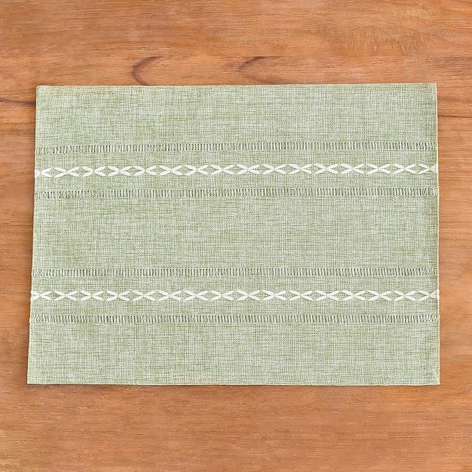 Wracra Cotton Linen Place Mats, Sage Green Embroidered Placemats Set of 8 | Placemats 12 x 18 Inch; Cotton Linen Woven Fabric; Heat Resistant Table Mats; Raised Embroidered Hollow Design