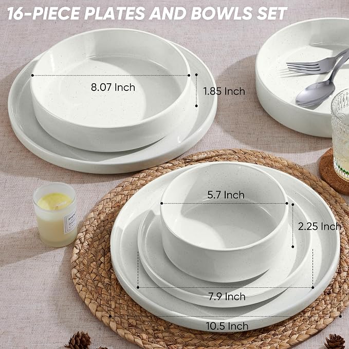 E-far 16-Piece Stoneware Dinnerware Sets with Pasta Bowls, Speckled White | Plates and Bowls Sets for 4, Chip and Scratch Resistant, Microwave & Dishwasher Safe Kitchen Modern Dish Set