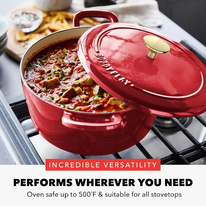 GreenPan x Bobby Flay 5.5QT Enameled Cast Iron Dutch Oven With Lid, Red | Casserole Pot for Braising, Stews, Bread Baking & Searing, Self-Basting Lid, Induction Ready, Oven Safe To 500, Gold Lid Knob