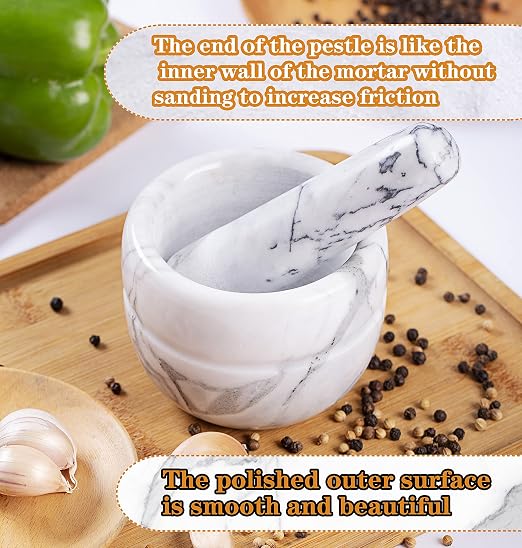 Mortar and Pestle Set Polished Natural Marble Stone Guacamole Molcajete Bowl with Silicone Pad, Stainless Spoon and Small Brush (Small, Light White Gray)