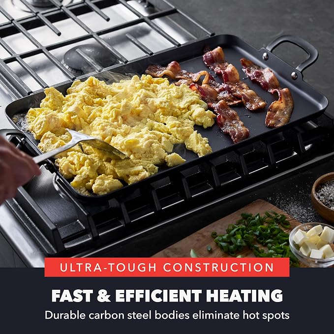 GreenPan x Bobby Flay 18" x 11" Pre-Seasoned Carbon Steel Double Burner Pan | Natural Nonstick with Use, Durable Cast Iron Alternative, Induction & All Stovetop Compatible, High Heat & Oven Safe to 660F