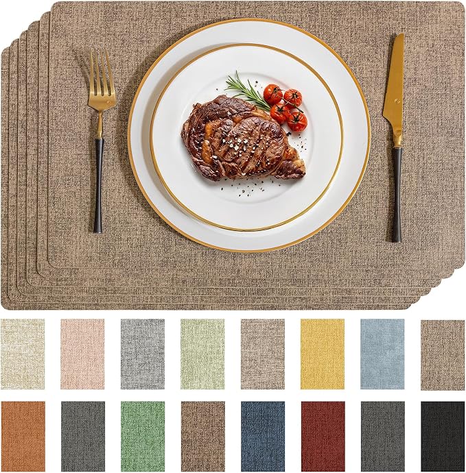 Romanstile Vinyl Placemats Set of 6-12 X 18 Inch - Heat Resistant Place Mats 100% Waterproof Oilproof Wipeable Reversible Faux Leather Table Mats for Kitchen/Dining/Party/Outdoor, Khaki