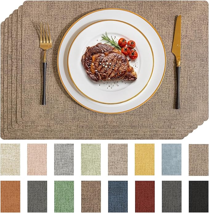 Romanstile Vinyl Placemats Set of 6-12 X 17 Inch - Faux Leather 100% Waterproof Wipeable Anti Slip Place Mats, Heat Resistant Reversible PU Table Mats for Kitchen Dining Party Outdoor, Coffee