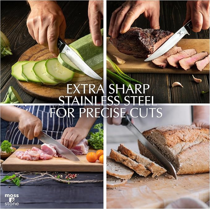 Moss & Stone 14 Pcs Kitchen Knife Set with Block, Stainless Steel | Premium forged kitchen knives with high-carbon sharp blades, ergonomic handle, rust-resistant knife block set for home & chef