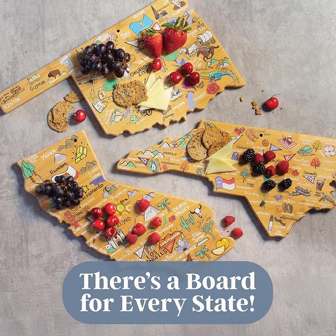 Totally Bamboo Texas State Shaped Cutting Board, Art by Fish Kiss | State charcuterie board with colorful hand-drawn map artwork. Smooth reverse side for food prep. Hang tie for wall display.