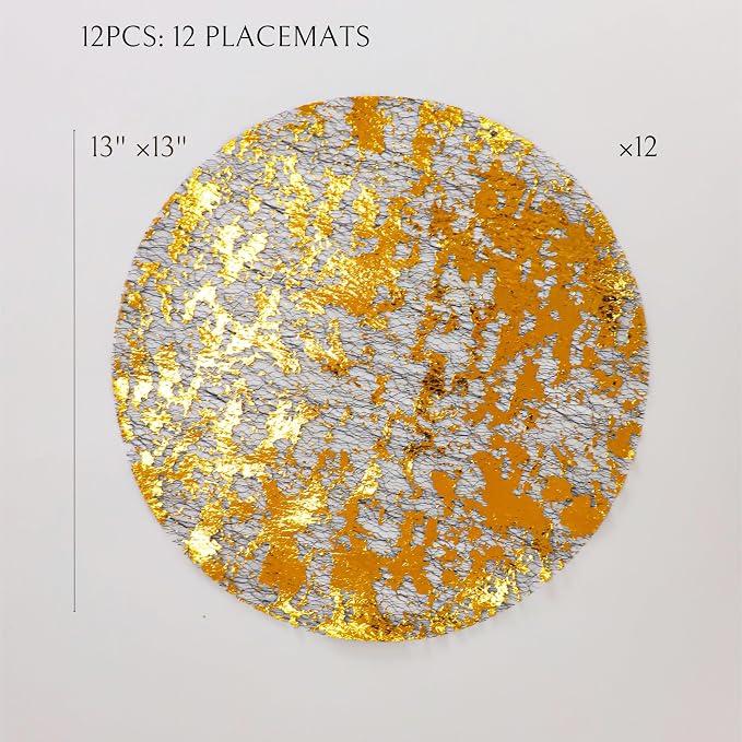 Snowkingdom 12 Pcs Black & Gold Placemats, Round Disposable Metallic Foil Doilies Glitter Mesh Table Mats for Fall Thanksgiving Christmas New Year Dinner Party Holiday Celebration Decorations