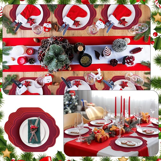 6 Pcs Wine Red Wedding Placemats Scalloped Embroidered Cotton Linen Placemats 17" x 13" Double Layered Machine Washable Table Place Mat for Party Table Decor (Cotton)