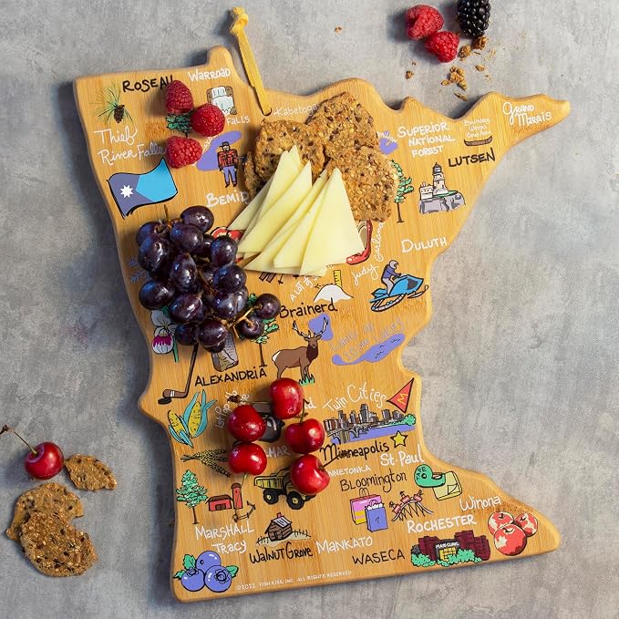 Totally Bamboo Minnesota State Shaped Cutting Board, Art by Fish Kiss | State charcuterie board with colorful hand-drawn map artwork. Smooth reverse side for food prep. Hang tie for wall display.