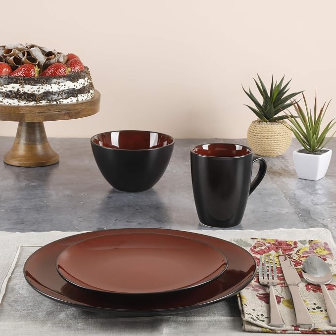Gibson Elite Soho Lounge Round Reactive Glaze Stoneware Dinnerware Set, Service for Four (16pcs), Red