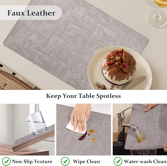 FROMHEART Faux Leather PU Placemats Set of 4 (Light Grey,11.8" x 17") | Waterproof,Heat/Oil Stain-Resistant Table Mat–Reversible,Non-Slip,Easy to Clean Place Mats for Kitchen,Dining,Indoor/Outdoor
