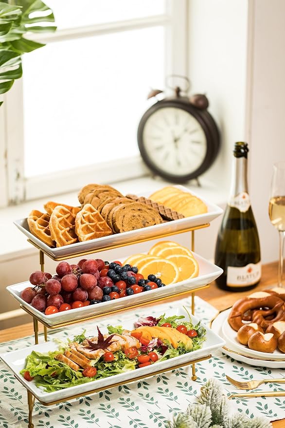 LAUCHUH Large 3 Tier Serving Stand Porcelain Tiered Serving Trays for Party | 14 Inch Serving Trays & Platters with Collapsible Sturdier Rack Dessert Party Display Set for Fruit Cupcake Snack Salad, Gold