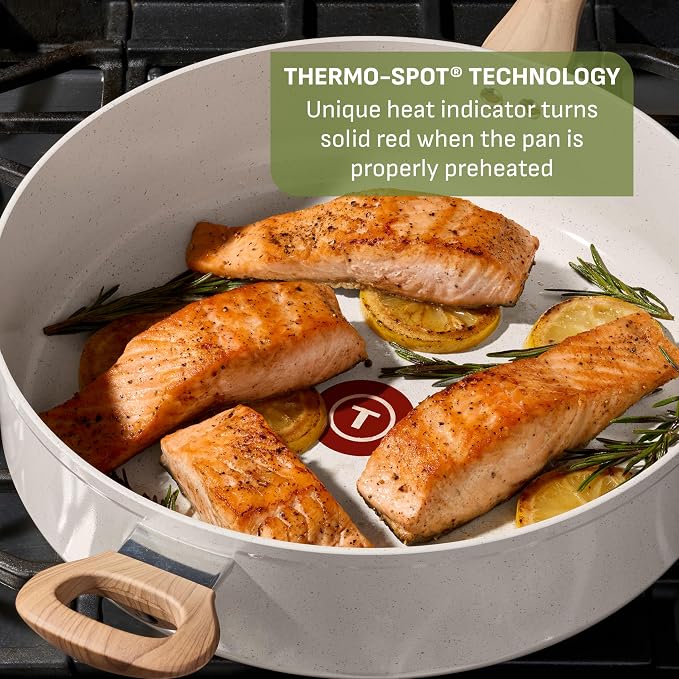 T-fal Revive Ceramic Nonstick Sauté Pan with Lid, 6 Qt Forged Skillet | Recycled aluminum body, GoCeram ceramic nonstick, Thermo-Spot heat indicator, Oven safe to 350°F, Gas and electric compatible