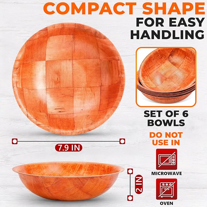 HYQO Wooden Salad Bowls Set of 6, Stackable, Lightweight & Sturdy, 7.9 In | Wooden Bowls for Food, Salad, Fruit, Snacks, Popcorn & Pasta; Smooth Lacquered Finish; Wood Bowl for Party & Brunch
