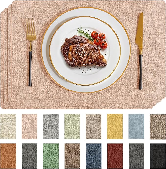 Romanstile Vinyl Placemats Set of 4-12 X 17 Inch - Faux Leather 100% Waterproof Wipeable Anti Slip Place Mats, Heat Resistant Reversible PU Table Mats for Kitchen Dining Party Outdoor, Pink
