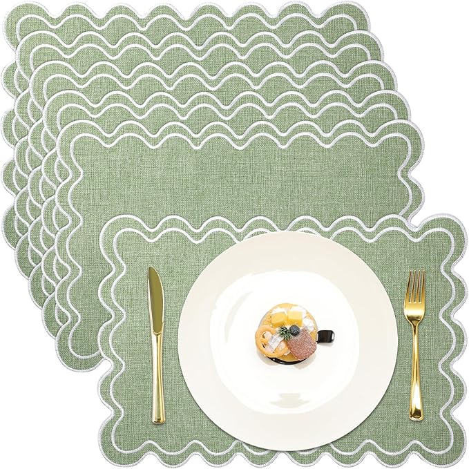HunnmingRe Sage Green with White Set of 6 Cotton Linen Wedding Placemats, 13x19 Inch Scalloped Wavy Embroidery Placemat Double Layered Washable Rustic Rectangle Dinner Table Mat for Home Decor